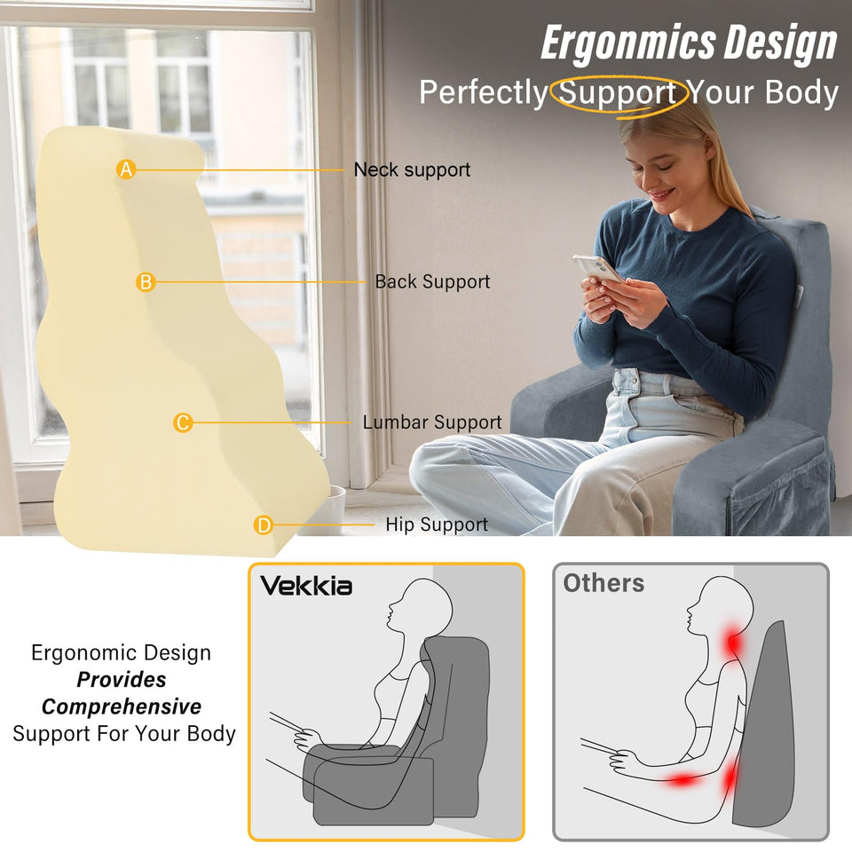 Vekkia Lightweight Bed Reading Pillow, Back Support Pillow for Sitting up in Bed, New Rest Chair Pillow for Relaxing, Reading, or Watching TV - College Dorm Room Essentials