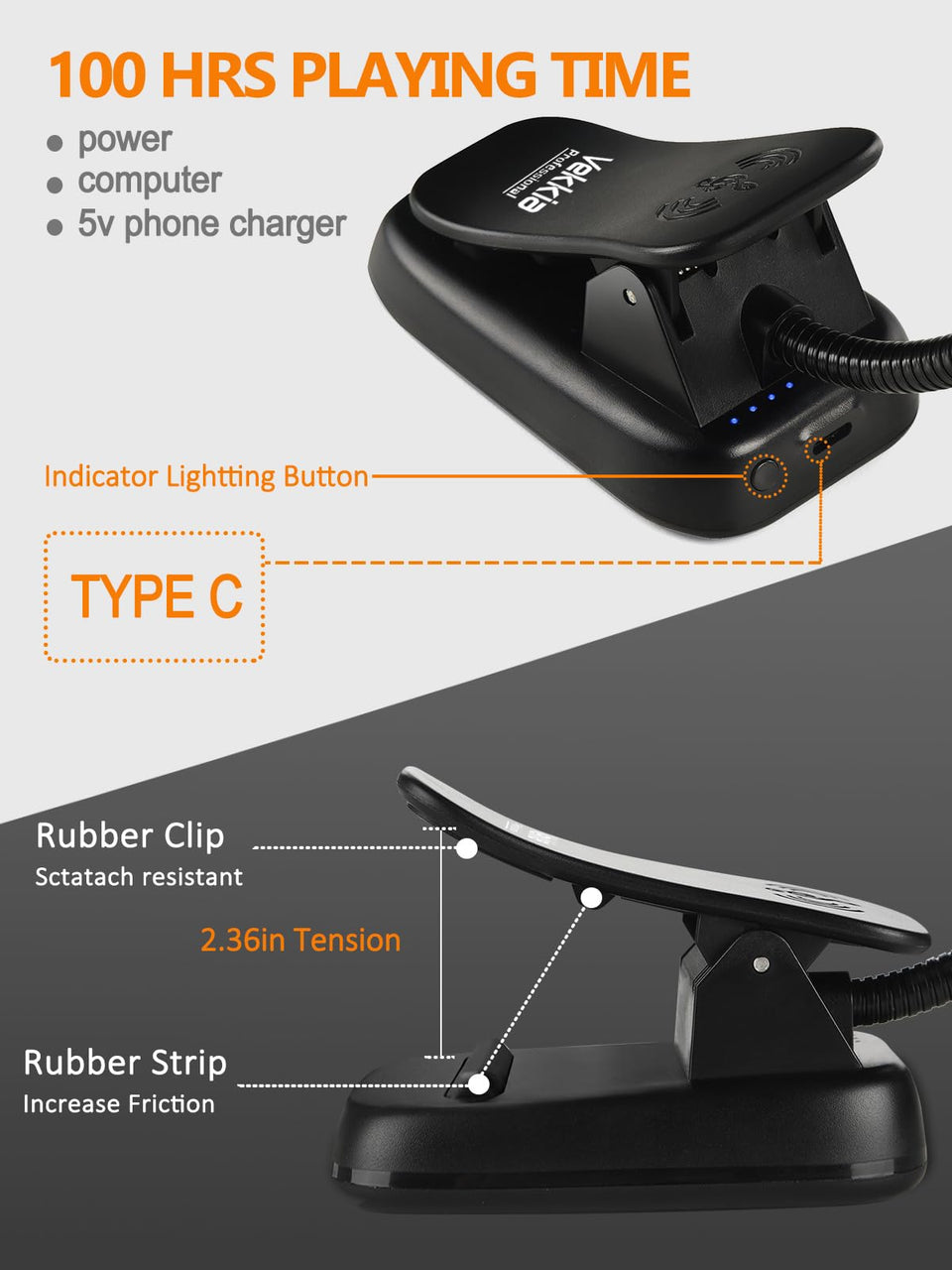 Vekkia 64 Led Rechargeable Music Stand Light, Folding Clip On Piano Lamp, Portable Professional 5 Brightness×3 Color Temperature, Perfect for Grand Piano, Book Reading