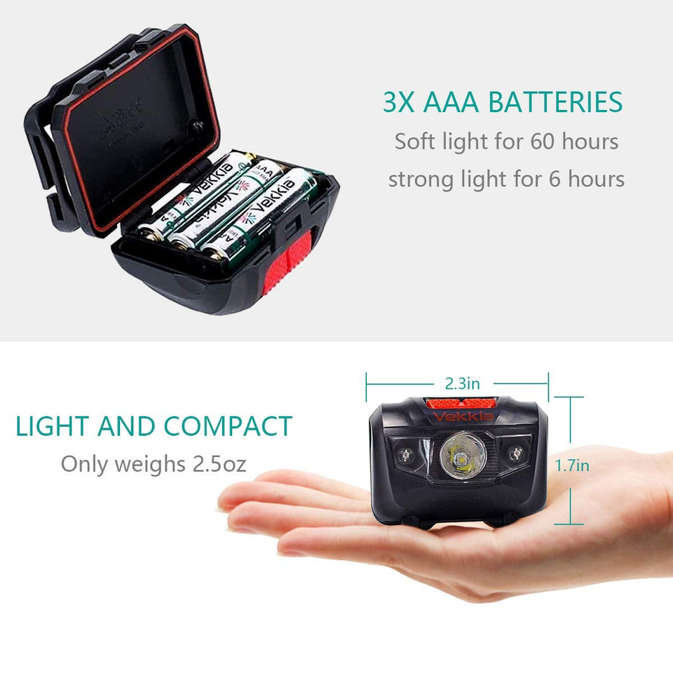 Vekkia Ultra Bright LED Headlamp-5 Lighting Modes,White & Red LEDs Head Lamp, Camping Accessories Gear. IPX6 Waterproof Headlight for Running,Cycling,Fishing,Hiking,Repairing. Batteries Included