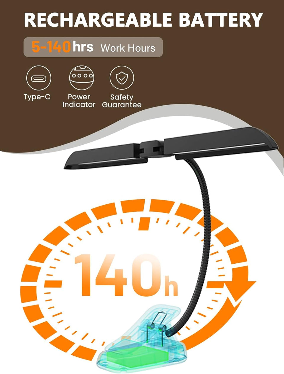 Vekkia 64 Led Rechargeable Music Stand Light, Folding Clip On Piano Lamp, Portable Professional 5 Brightness×3 Color Temperature, Perfect for Grand Piano, Book Reading