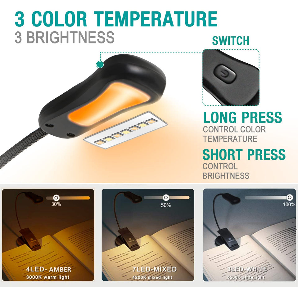 Vekkia Rechargeable Amber Book Light, Clip on Lights for Reading in Bed, 3 Brightness × 3 Color Temperature, 2.1 oz Lightweight, 70 Hrs Reading, Perfect for Readers & Kids