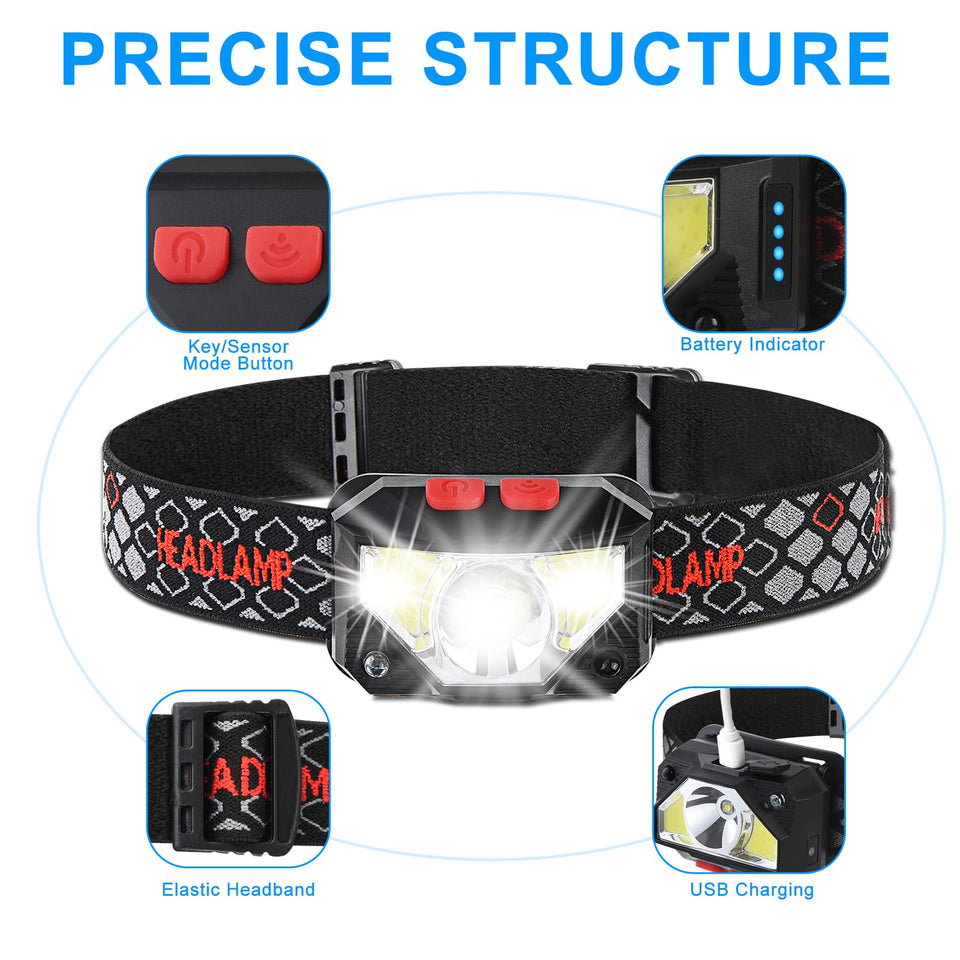 Vekkia Bright Led-Headlamp-Rechargeable, 2-Pack Waterproof-Motion-Sensor-Headlight,White Red LED Head Lamp, Head-Flashlight for Adults, 8 Modes Head Light for Running,Fishing,Hiking,Camping-Essentials