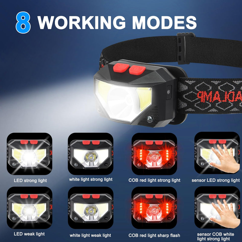 Vekkia Bright Led-Headlamp-Rechargeable, 2-Pack Waterproof-Motion-Sensor-Headlight,White Red LED Head Lamp, Head-Flashlight for Adults, 8 Modes Head Light for Running,Fishing,Hiking,Camping-Essentials