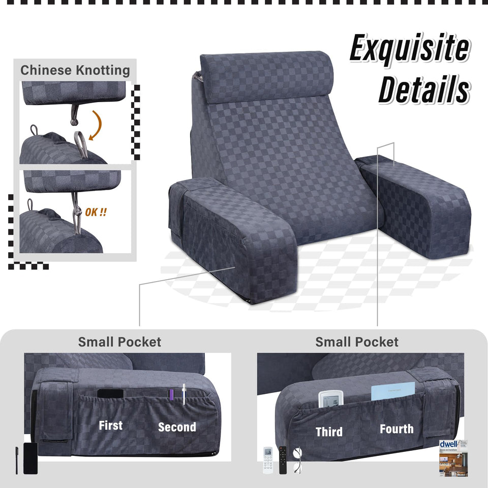 Vekkia Reading-Pillow for Sitting in Bed Adult,Back-Pillow for Bed Sitting Up,Back Rest Pillow with Arms Rest/Bed Chair Pillow for Bed, Reading or Watching TV -19in