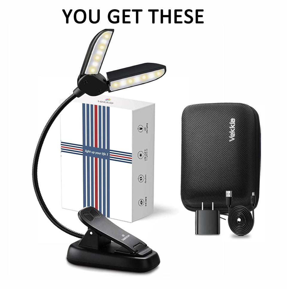 Vekkia 14 LED Book Light with Charger & Travel Case, Cover Both Page, Warm/White Reading Light with Clamp, Lightweight Eye Care Book Light, Perfect for Book Lovers