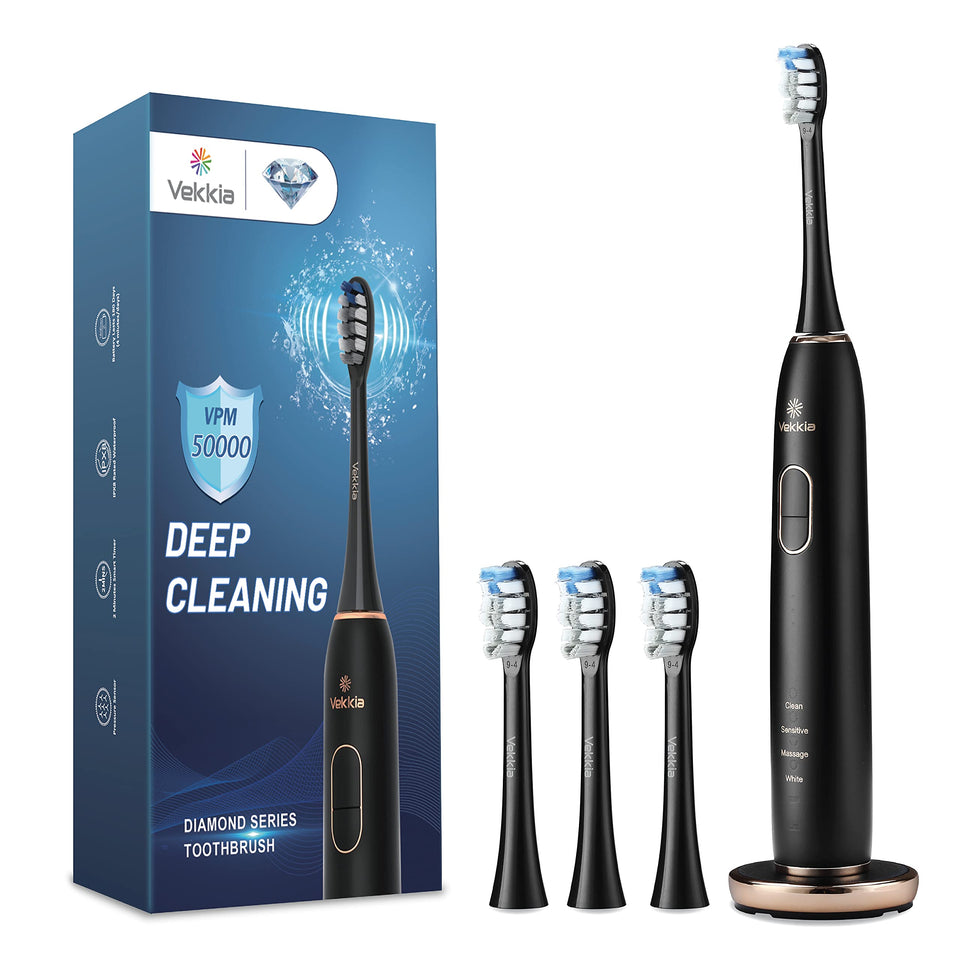 Vekkia Electric Toothbrush, Sonic Cleaning Rechargeable Toothbrush with Timer, Pressure Sensor, 4 Modes, 4 Brush Heads, Charge Lasts for 180 Days, Best Toothbrush for Adults