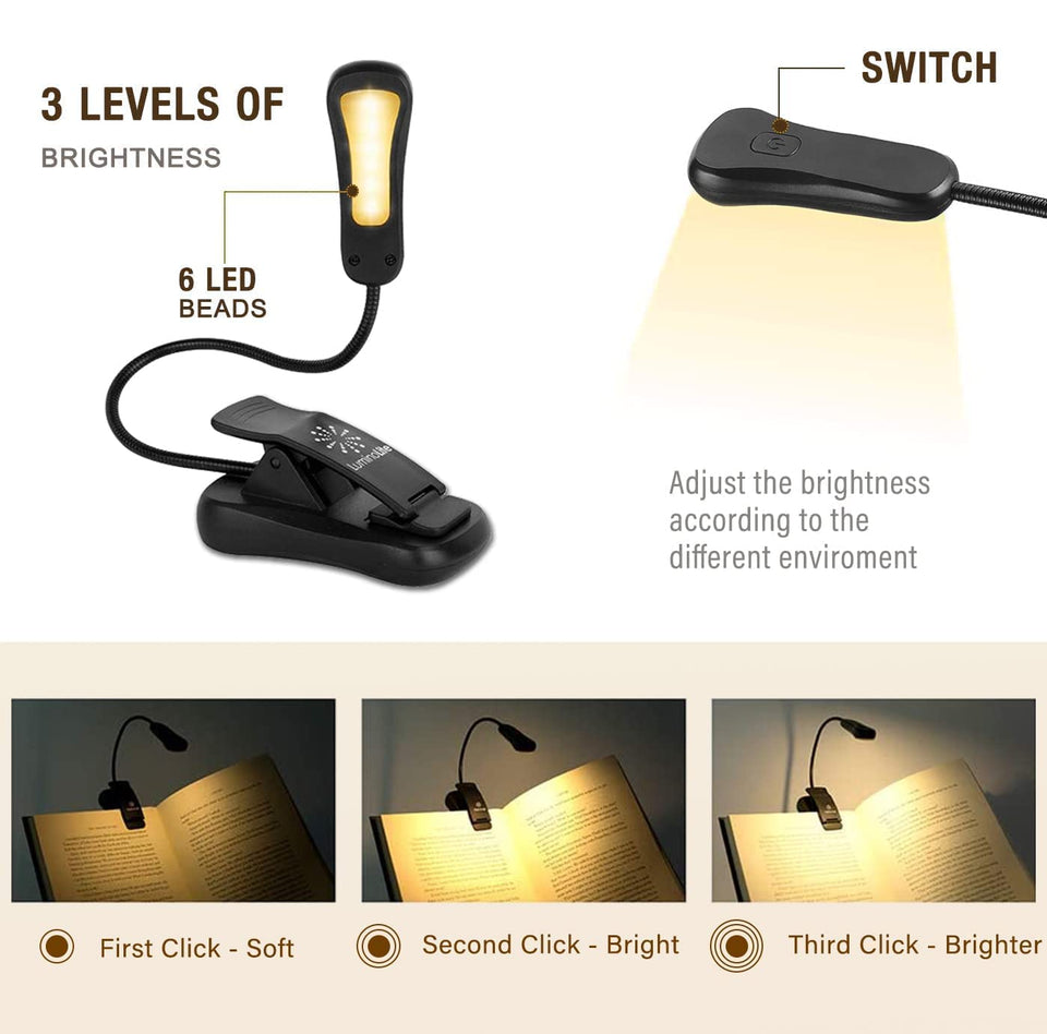 Vekkia 3000K Warm LED Rechargeable Book Light, Book Lights for Reading at Night, 3 Brightness, Up to 80 Hours, Lightweight, Perfect for Readers