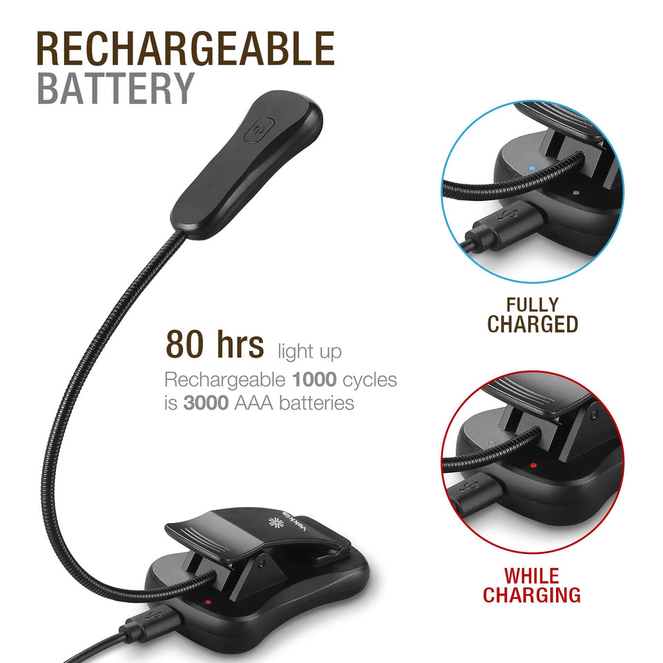 Vekkia 3000K Warm LED Rechargeable Book Light, Book Lights for Reading at Night, 3 Brightness, Up to 80 Hours, Lightweight, Perfect for Readers
