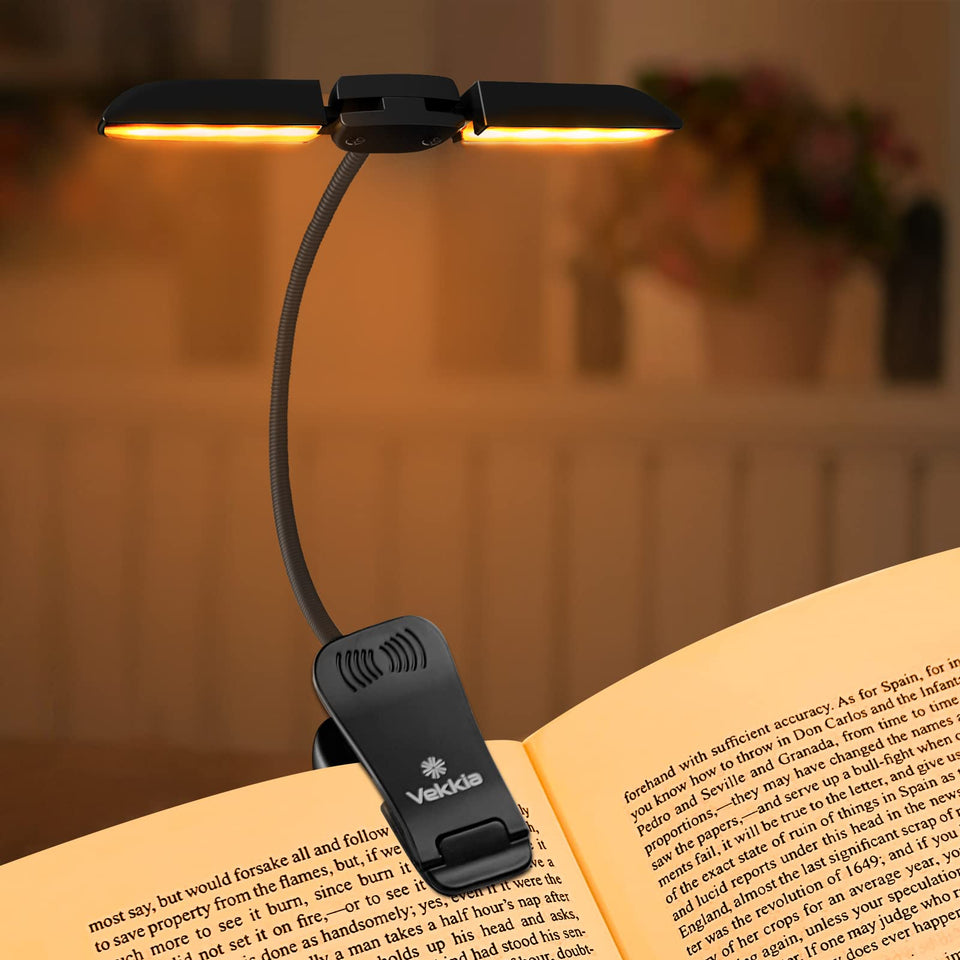 Vekkia Rechargeable 14 LED Amber Book Light for Reading in Bed, 180° Adjustable Clip on Light, Eye Care Reading Light up to 80Hrs, 5 Brightness Dimmable X 3 Color Modes, Perfect for Book Lovers