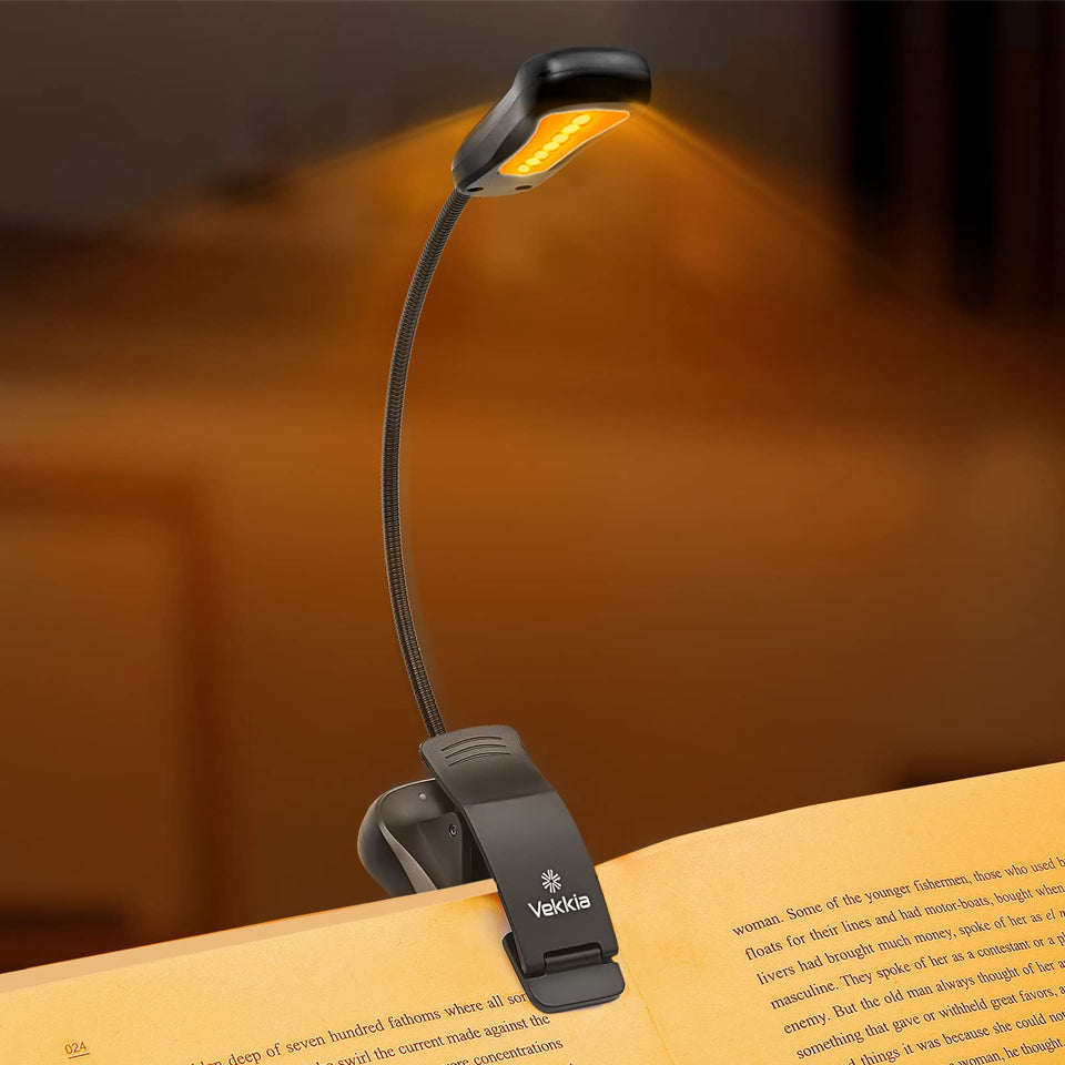 Vekkia Amber Rechargeable 7 Led Eye-Care Book Light,Blue Light Blocking Reading Light,3 Levels,1600K for Strain-Free, Healthy Eyes.Up to 70 Hours Reading for Bookworms