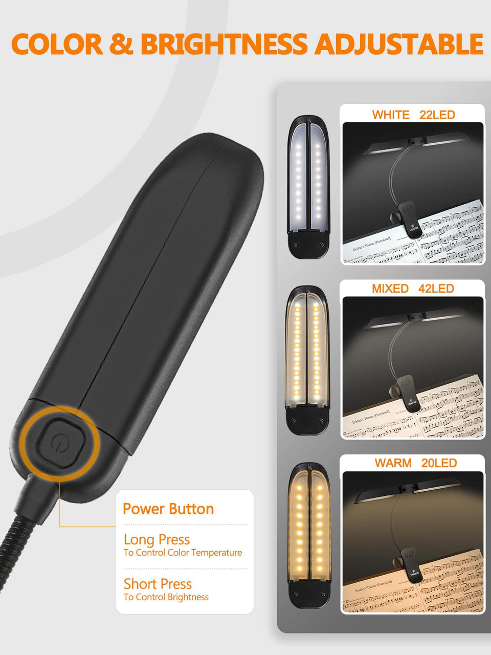 Vekkia Folding Music Stand Light, Portable 42 Led Rechargeable Super Bright Clip On Piano Lamp, Professional 5 Brightness×3 Color Temperature, Perfect for Grand Piano, Book Reading