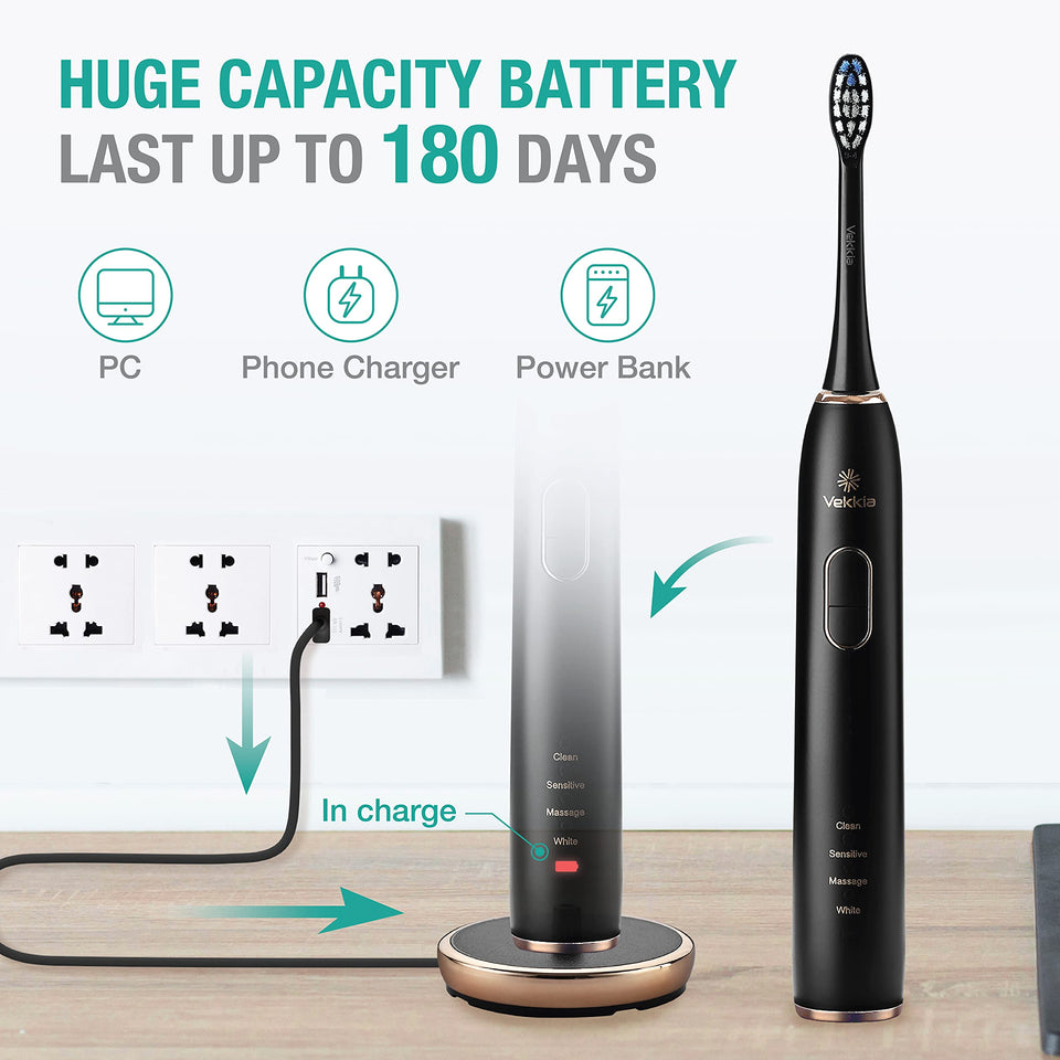 Vekkia Electric Toothbrush, Sonic Cleaning Rechargeable Toothbrush with Timer, Pressure Sensor, 4 Modes, 4 Brush Heads, Charge Lasts for 180 Days, Best Toothbrush for Adults