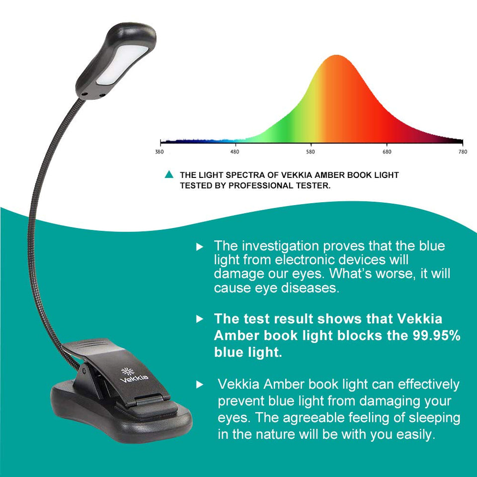 Vekkia Amber Rechargeable 7 Led Eye-Care Book Light,Blue Light Blocking Reading Light,3 Levels,1600K for Strain-Free, Healthy Eyes.Up to 70 Hours Reading for Bookworms