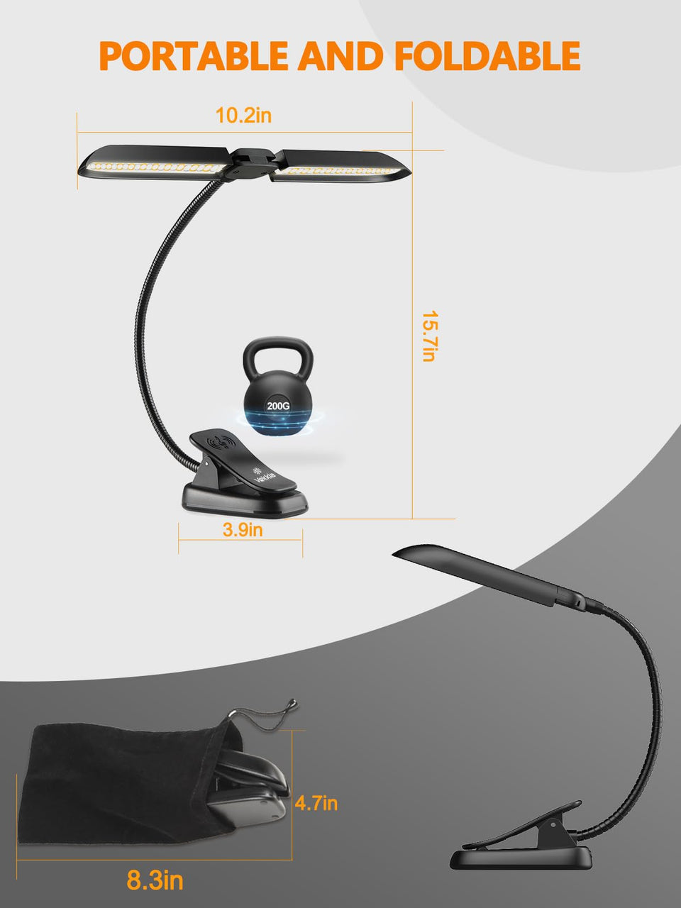 Vekkia Folding Music Stand Light, Portable 42 Led Rechargeable Super Bright Clip On Piano Lamp, Professional 5 Brightness×3 Color Temperature, Perfect for Grand Piano, Book Reading