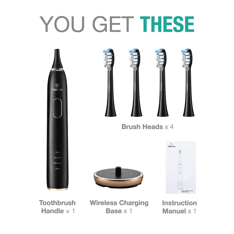 Vekkia Electric Toothbrush, Sonic Cleaning Rechargeable Toothbrush with Timer, Pressure Sensor, 4 Modes, 4 Brush Heads, Charge Lasts for 180 Days, Best Toothbrush for Adults