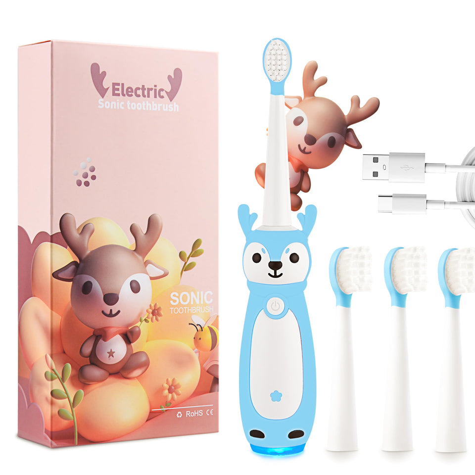 Vekkia Toddler Electric Toothbrush for Age 3+, 3 Memory Modes with LED Light, Toddler Toothbrush with Deer Shape and 2-Min Brushing Timer, 4 Soft Bristles