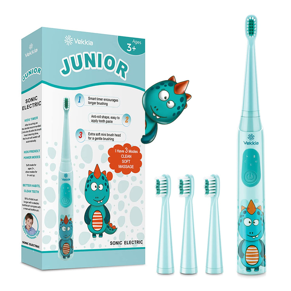 Vekkia Sonic Rechargeable Kids Electric Toothbrush, 3 Modes with Memory, Fun & Easy Cleaning, 24000 Strokes, IPX7 Waterproof, 2-Min Timer for Age 5+, 4 Soft Bristles