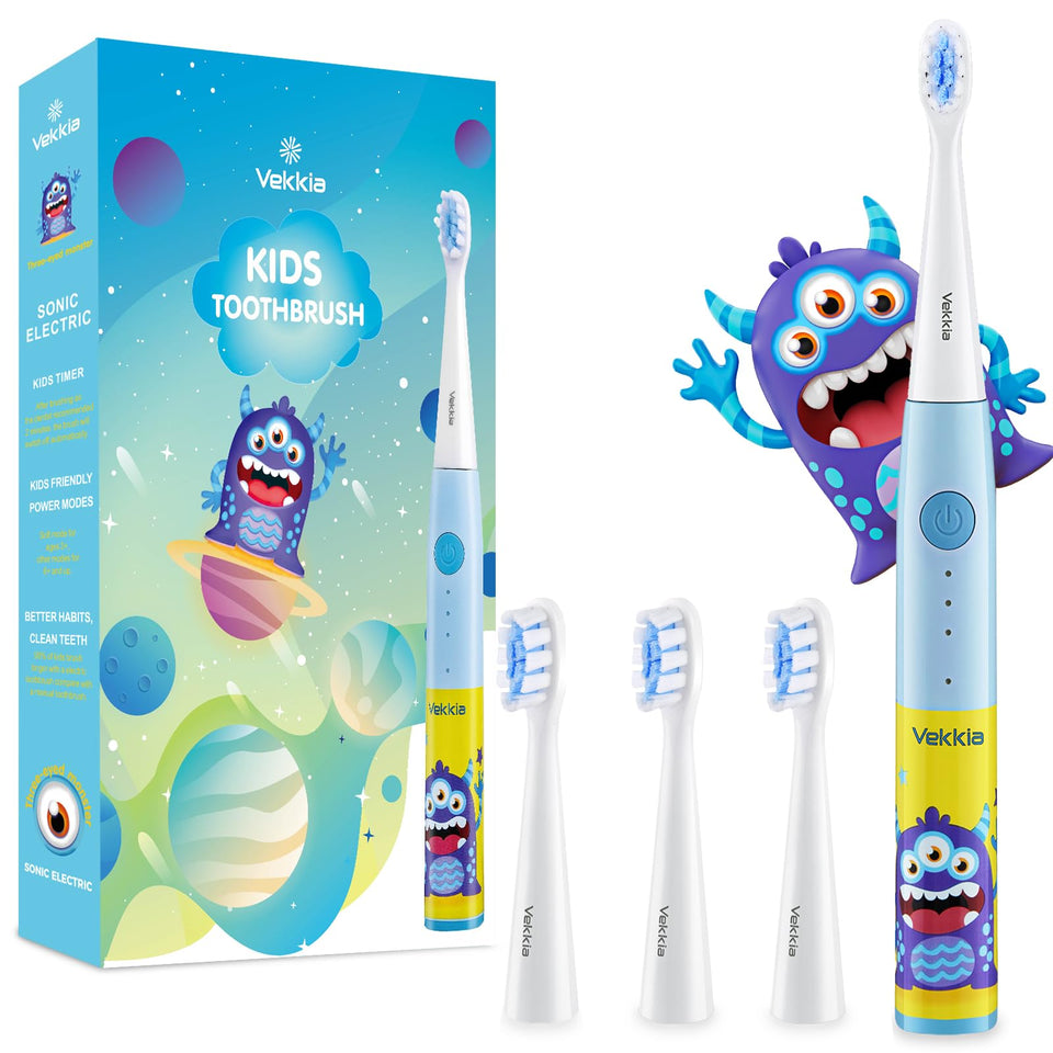 Vekkia Kids Electric Toothbrushes, Kids Toothbrush with 3 Modes and 2-Min Time for Age 3+, IPX7 Waterproof, 4 Soft Bristles