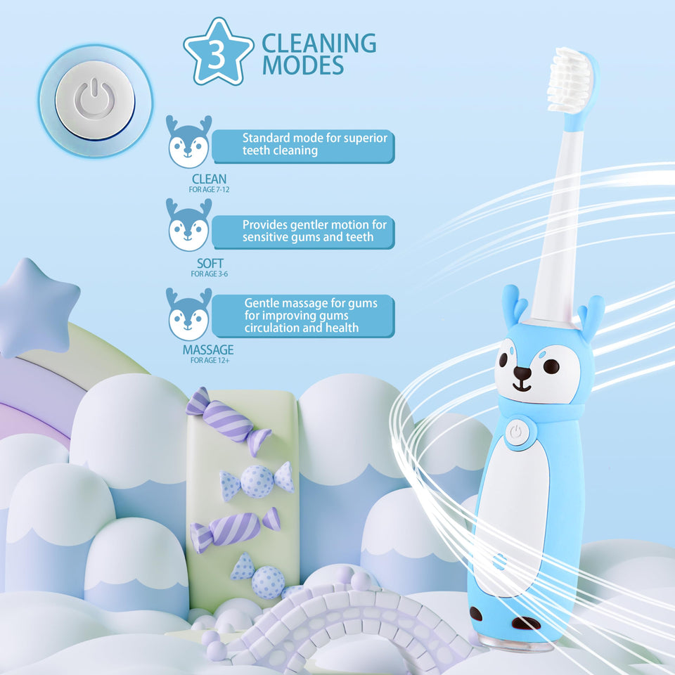 Vekkia Toddler Electric Toothbrush for Age 3+, 3 Memory Modes with LED Light, Toddler Toothbrush with Deer Shape and 2-Min Brushing Timer, 4 Soft Bristles