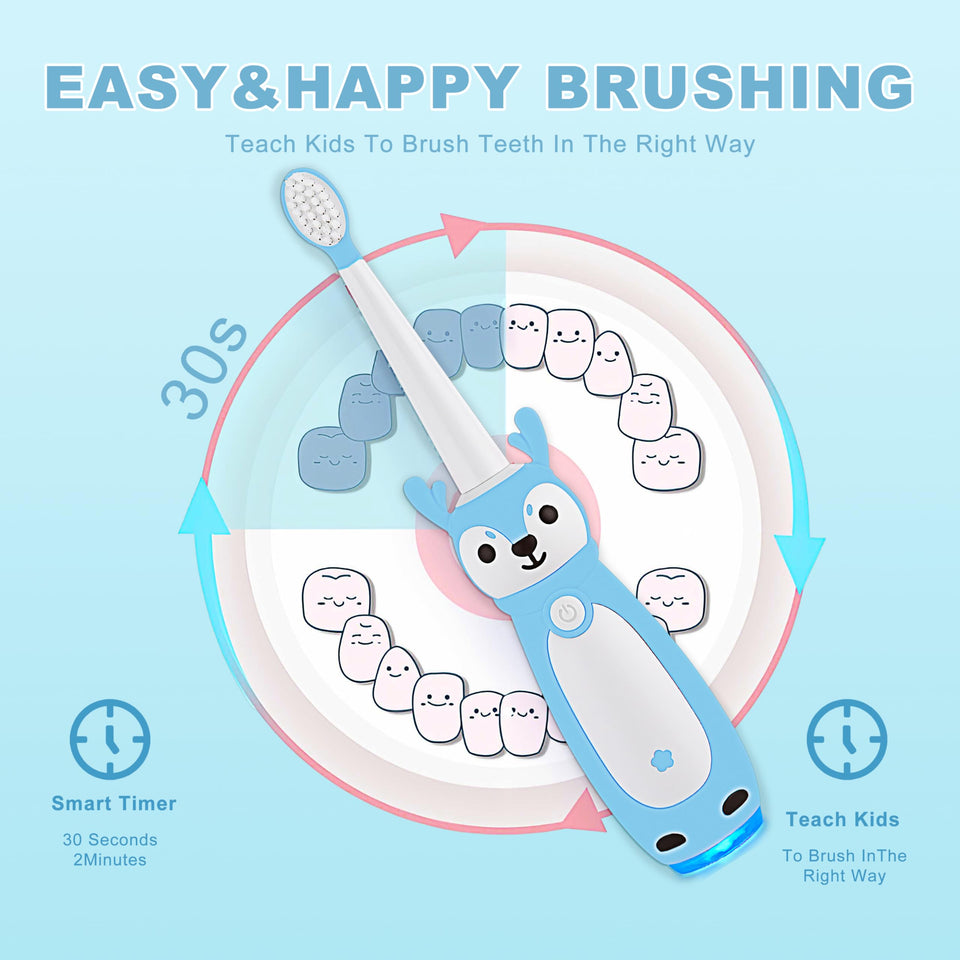 Vekkia Toddler Electric Toothbrush for Age 3+, 3 Memory Modes with LED Light, Toddler Toothbrush with Deer Shape and 2-Min Brushing Timer, 4 Soft Bristles