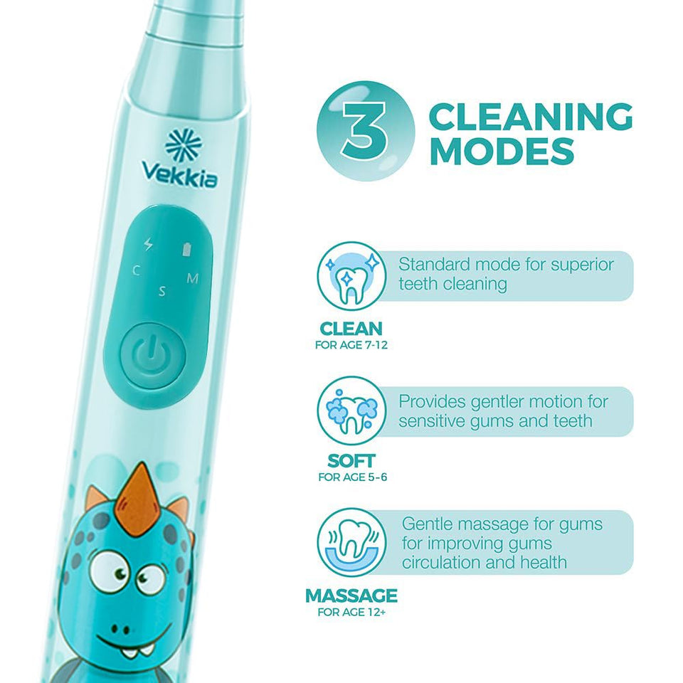 Vekkia Sonic Rechargeable Kids Electric Toothbrush, 3 Modes with Memory, Fun & Easy Cleaning, 24000 Strokes, IPX7 Waterproof, 2-Min Timer for Age 5+, 4 Soft Bristles