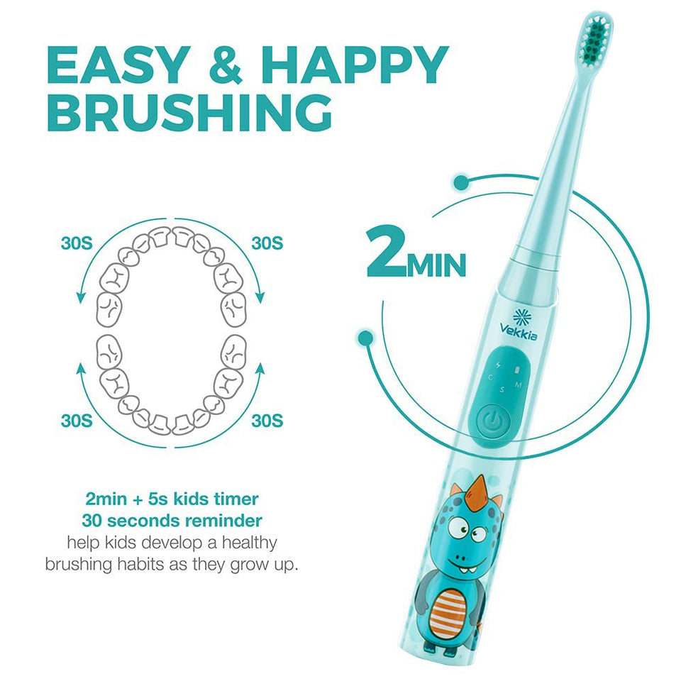 Vekkia Sonic Rechargeable Kids Electric Toothbrush, 3 Modes with Memory, Fun & Easy Cleaning, 24000 Strokes, IPX7 Waterproof, 2-Min Timer for Age 5+, 4 Soft Bristles