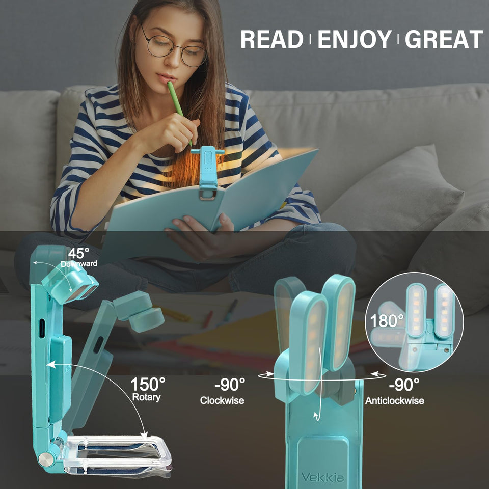 Vekkia 10 LED USB Rechargeable Book Light for Reading in Bed, Portable Clip-on LED Reading Light, Bookmark Lamp with 3 Colors & 5 Brightness, Perfect for Book Lovers