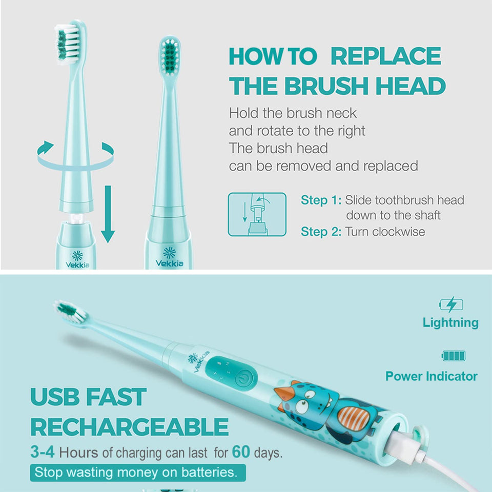 Vekkia Sonic Rechargeable Kids Electric Toothbrush, 3 Modes with Memory, Fun & Easy Cleaning, 24000 Strokes, IPX7 Waterproof, 2-Min Timer for Age 5+, 4 Soft Bristles