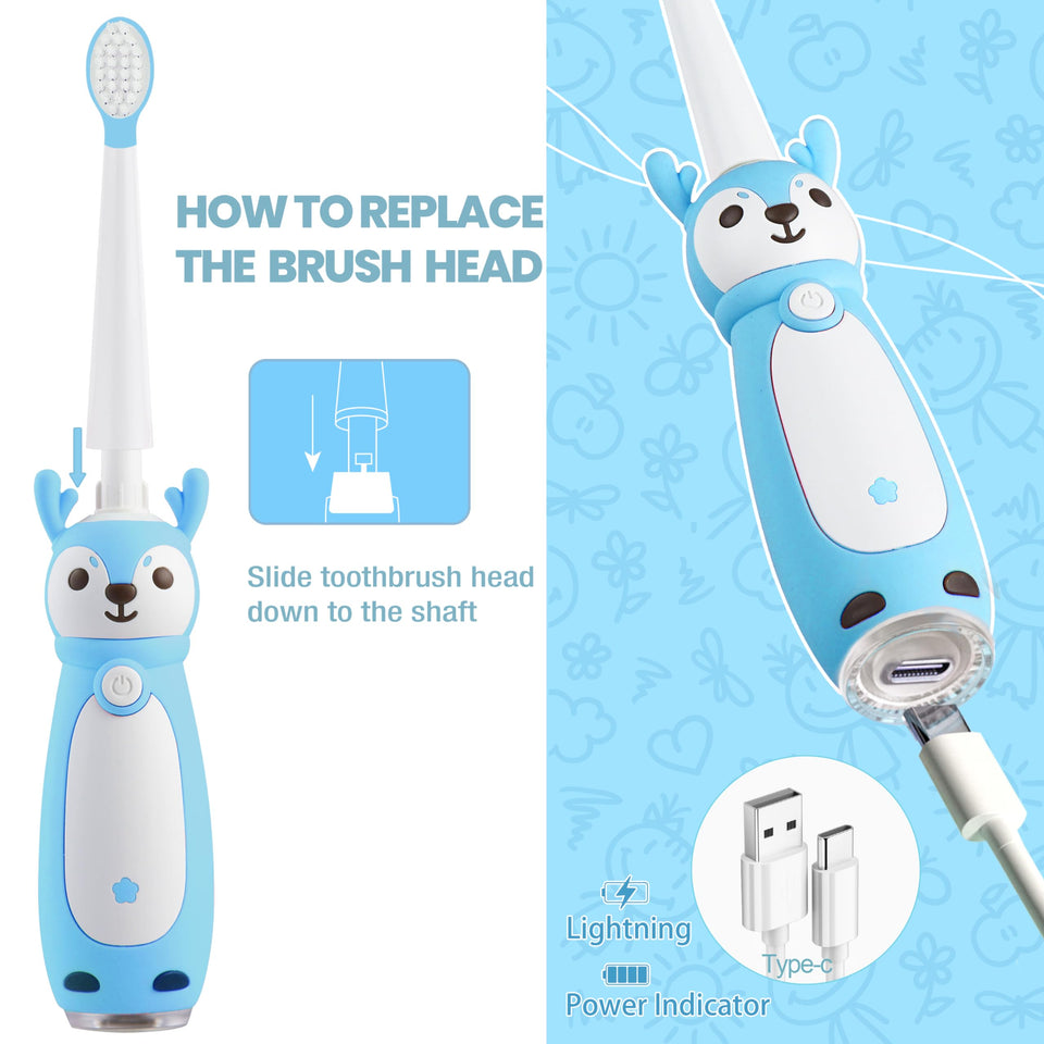 Vekkia Toddler Electric Toothbrush for Age 3+, 3 Memory Modes with LED Light, Toddler Toothbrush with Deer Shape and 2-Min Brushing Timer, 4 Soft Bristles