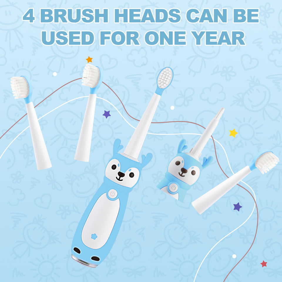 Vekkia Toddler Electric Toothbrush for Age 3+, 3 Memory Modes with LED Light, Toddler Toothbrush with Deer Shape and 2-Min Brushing Timer, 4 Soft Bristles