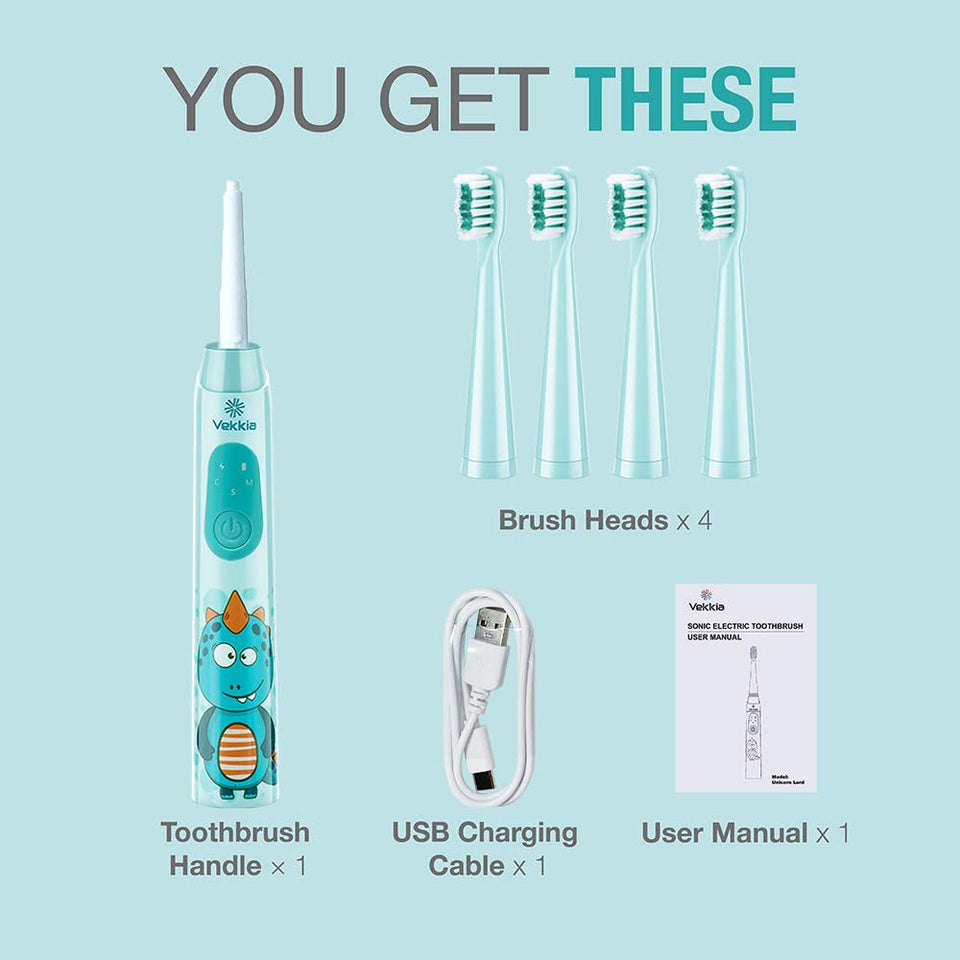 Vekkia Sonic Rechargeable Kids Electric Toothbrush, 3 Modes with Memory, Fun & Easy Cleaning, 24000 Strokes, IPX7 Waterproof, 2-Min Timer for Age 5+, 4 Soft Bristles