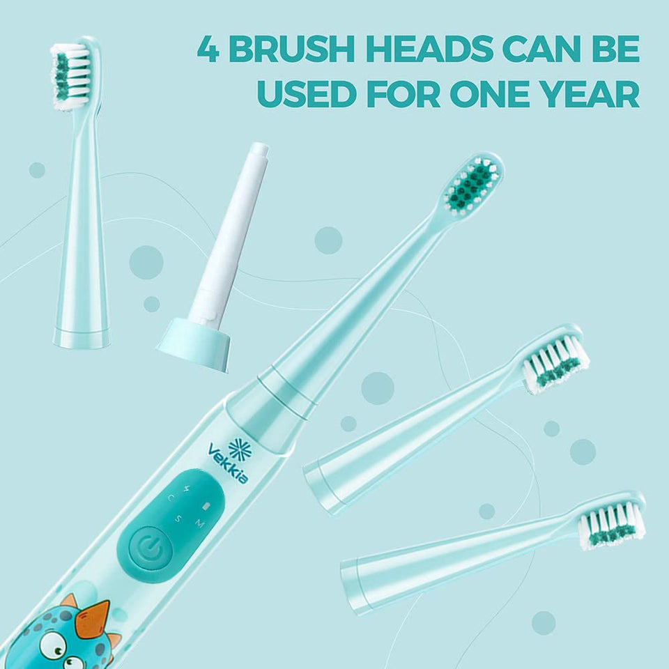 Vekkia Sonic Rechargeable Kids Electric Toothbrush, 3 Modes with Memory, Fun & Easy Cleaning, 24000 Strokes, IPX7 Waterproof, 2-Min Timer for Age 5+, 4 Soft Bristles