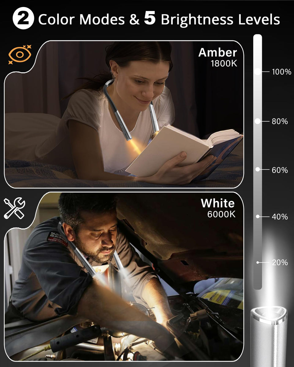 Vekkia Reading Light, Retractable Neck Light, Reading Lights for Books in Bed, 2 Color&5 Brightness, Rechargeable, Long Lasting, Perfect Book Lights for Reading at Night, Knitting,Crafting,Repairing