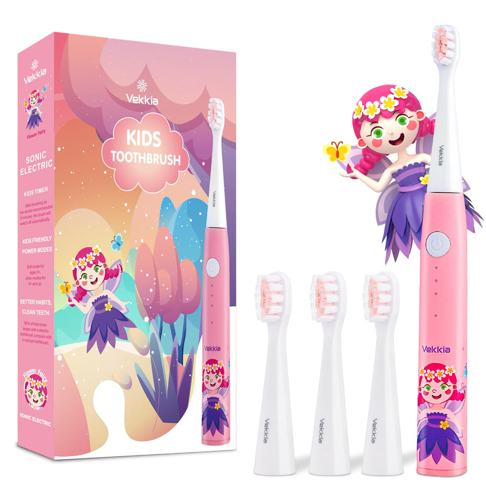 Vekkia Kids Electric Toothbrushes, Kids Toothbrush with 3 Modes and 2-Min Time for Age 3+, IPX7 Waterproof, 4 Soft Bristles