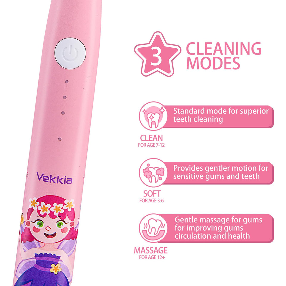 Vekkia Kids Electric Toothbrushes, Kids Toothbrush with 3 Modes and 2-Min Time for Age 3+, IPX7 Waterproof, 4 Soft Bristles