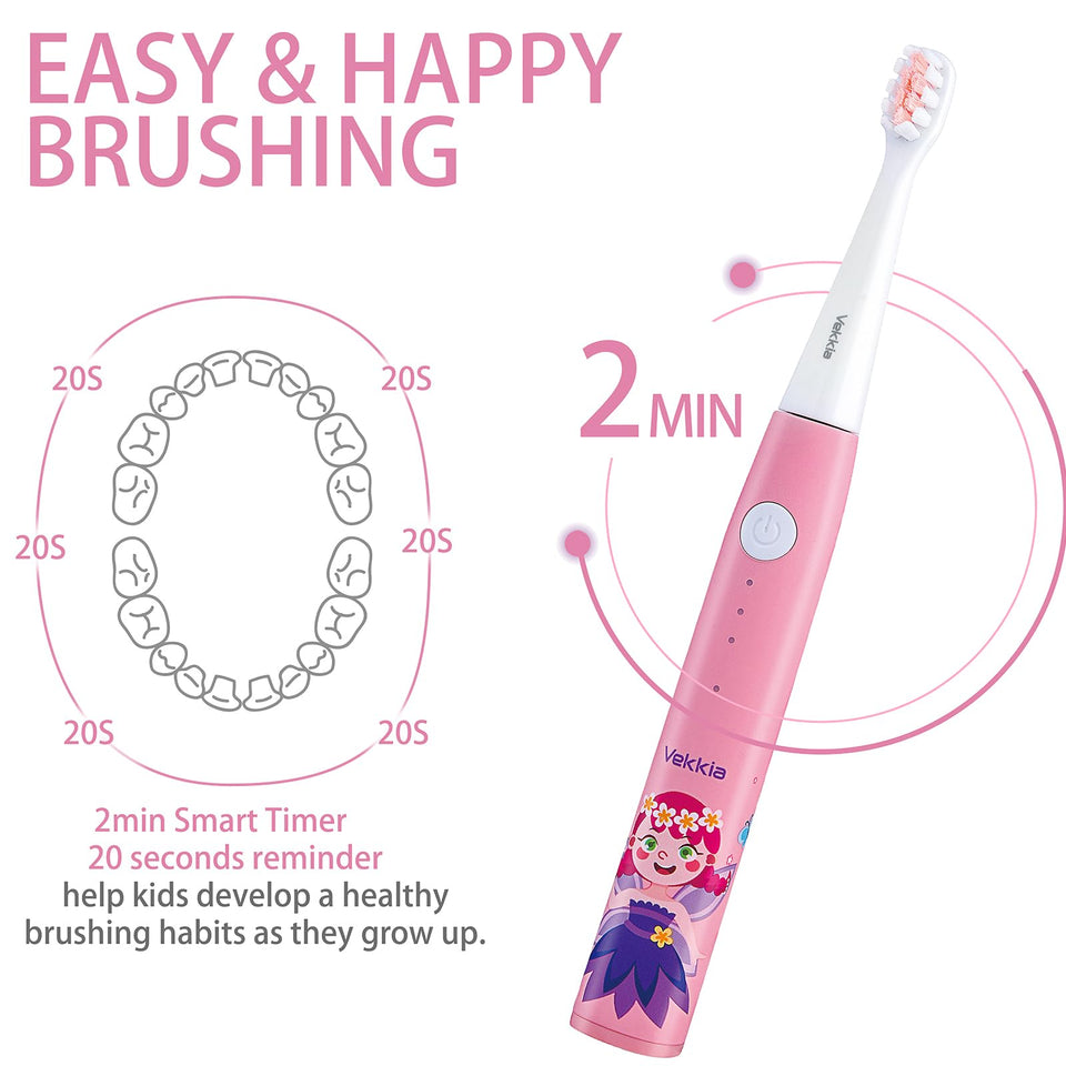 Vekkia Kids Electric Toothbrushes, Kids Toothbrush with 3 Modes and 2-Min Time for Age 3+, IPX7 Waterproof, 4 Soft Bristles