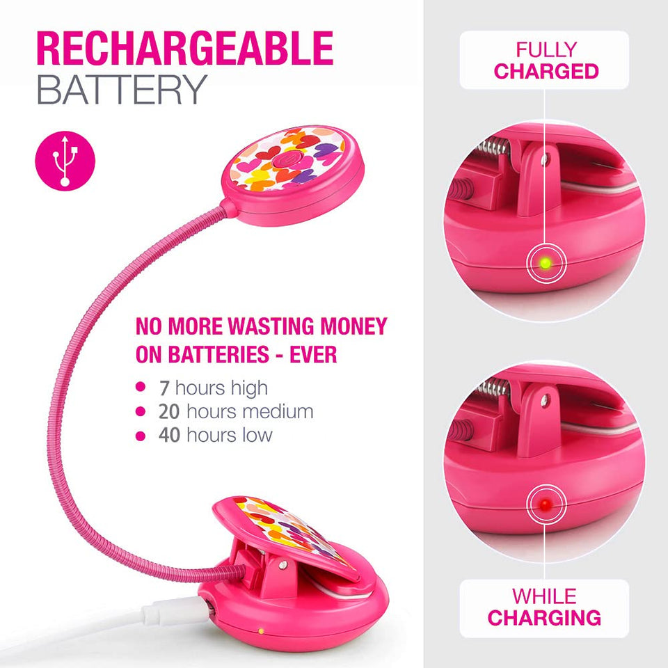 Vekkia Cute Rechargeable Book Light, Eye-Care Clip on Reading Lights for Reading in Bed, 3 Colors & 3 Brightness, 1.8oz Light Weight, Up to 40 Hours Reading, Great Gifts for Kids & Readers