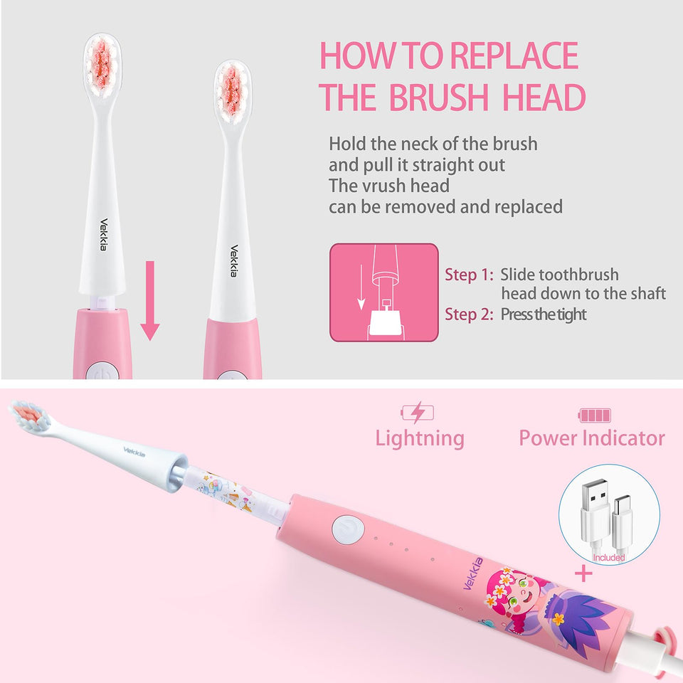 Vekkia Kids Electric Toothbrushes, Kids Toothbrush with 3 Modes and 2-Min Time for Age 3+, IPX7 Waterproof, 4 Soft Bristles