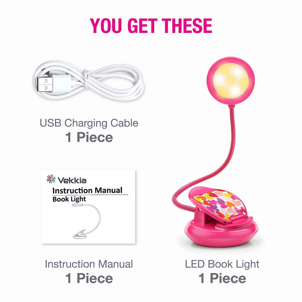 Vekkia Cute Rechargeable Book Light, Eye-Care Clip on Reading Lights for Reading in Bed, 3 Colors & 3 Brightness, 1.8oz Light Weight, Up to 40 Hours Reading, Great Gifts for Kids & Readers