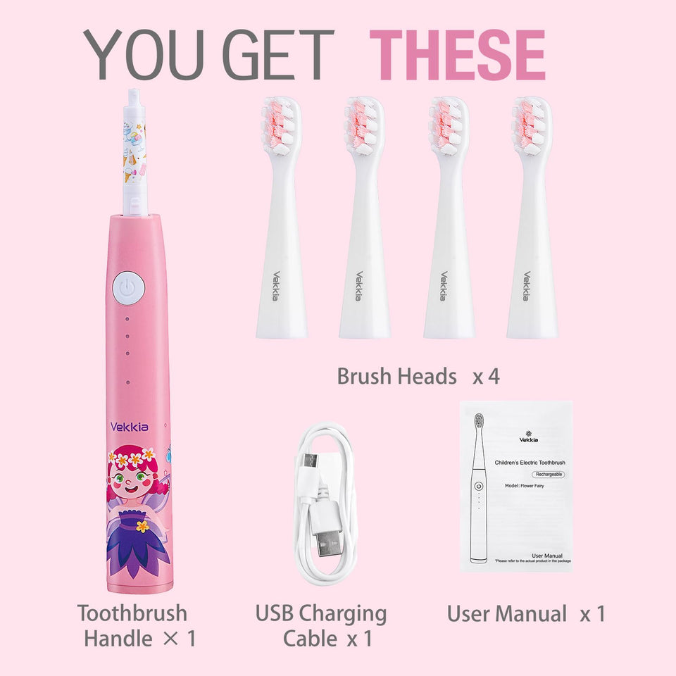 Vekkia Kids Electric Toothbrushes, Kids Toothbrush with 3 Modes and 2-Min Time for Age 3+, IPX7 Waterproof, 4 Soft Bristles
