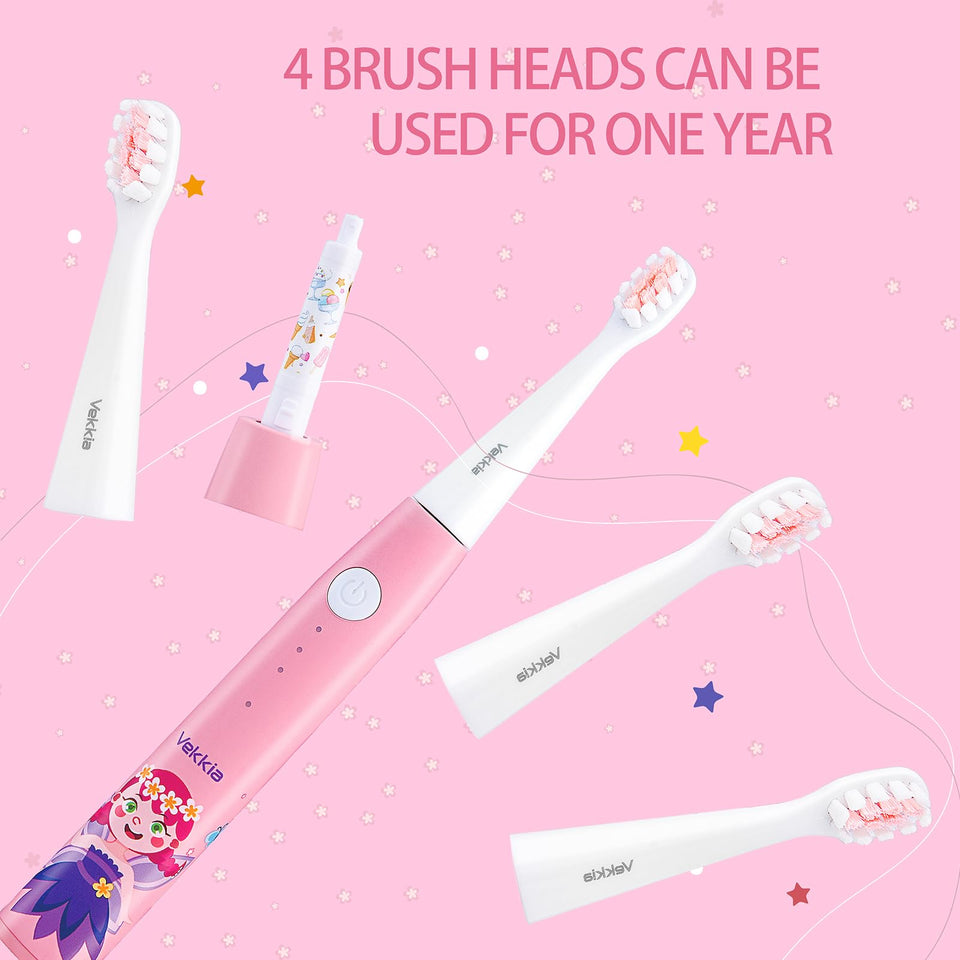 Vekkia Kids Electric Toothbrushes, Kids Toothbrush with 3 Modes and 2-Min Time for Age 3+, IPX7 Waterproof, 4 Soft Bristles