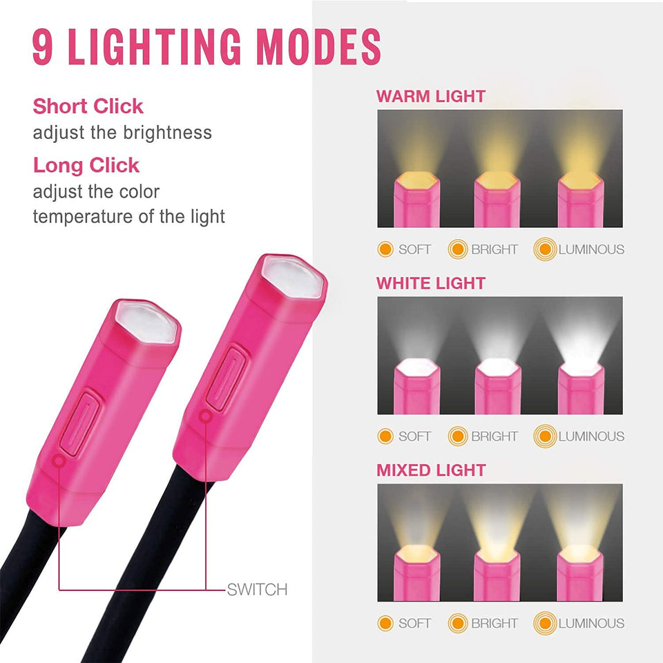 Vekkia Lightweight Neck Reading Light, Book Light for Reading in Bed, Neck Light for Knitting,3 Colors,9 Brightness,Rechargeable,Hand Free,Portable,Long Lasting,Suitable for Crocheting,Sewing,Craft
