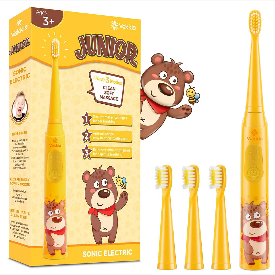 Vekkia Sonic Rechargeable Kids Electric Toothbrush, 3 Modes with Memory, Fun & Easy Cleaning, 24000 Strokes, IPX7 Waterproof, 2-Min Timer for Age 5+, 4 Soft Bristles