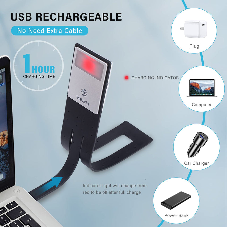 Vekkia Bookmark Book Light, Clip on Reading Lights for Books in Bed, Infinite Brightness Levels, Soft Light Easy for Eyes, Built-in USB Cable Easy Charge. Perfect for Readers & Kids
