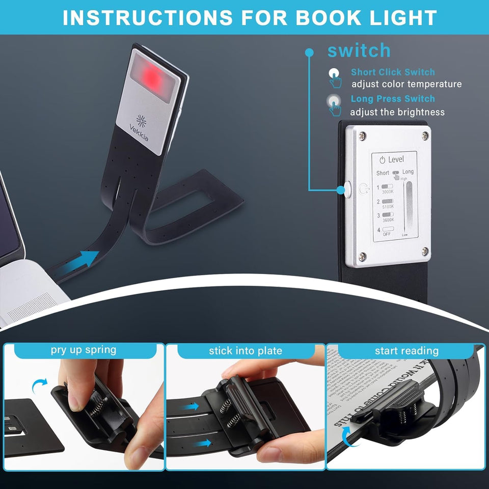 Vekkia Bookmark Book Light, Clip on Reading Lights for Books in Bed, Infinite Brightness Levels, Soft Light Easy for Eyes, Built-in USB Cable Easy Charge. Perfect for Readers & Kids
