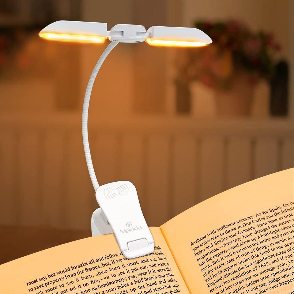Vekkia Rechargeable 14 LED Amber Book Light for Reading in Bed, 180° Adjustable Clip on Light, Eye Care Reading Light up to 80Hrs, 5 Brightness Dimmable X 3 Color Modes, Perfect for Book Lovers