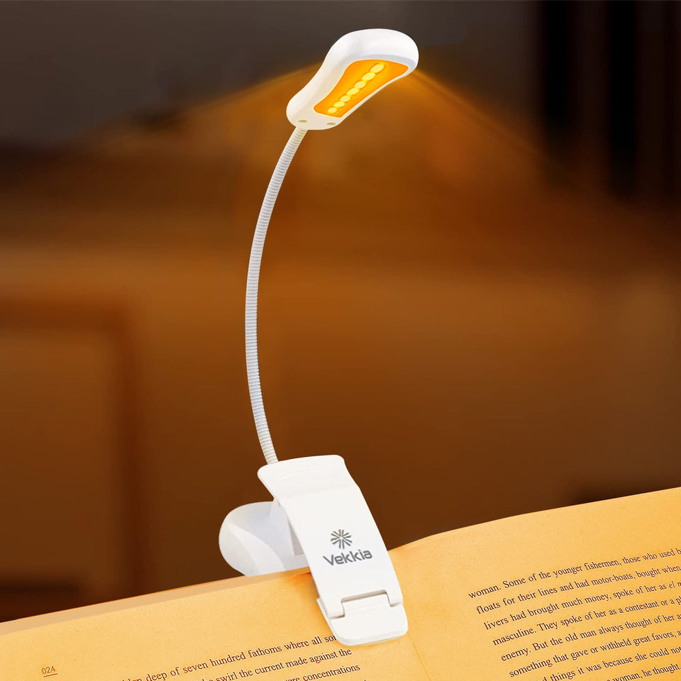 Vekkia Amber Rechargeable 7 Led Eye-Care Book Light,Blue Light Blocking Reading Light,3 Levels,1600K for Strain-Free, Healthy Eyes.Up to 70 Hours Reading for Bookworms