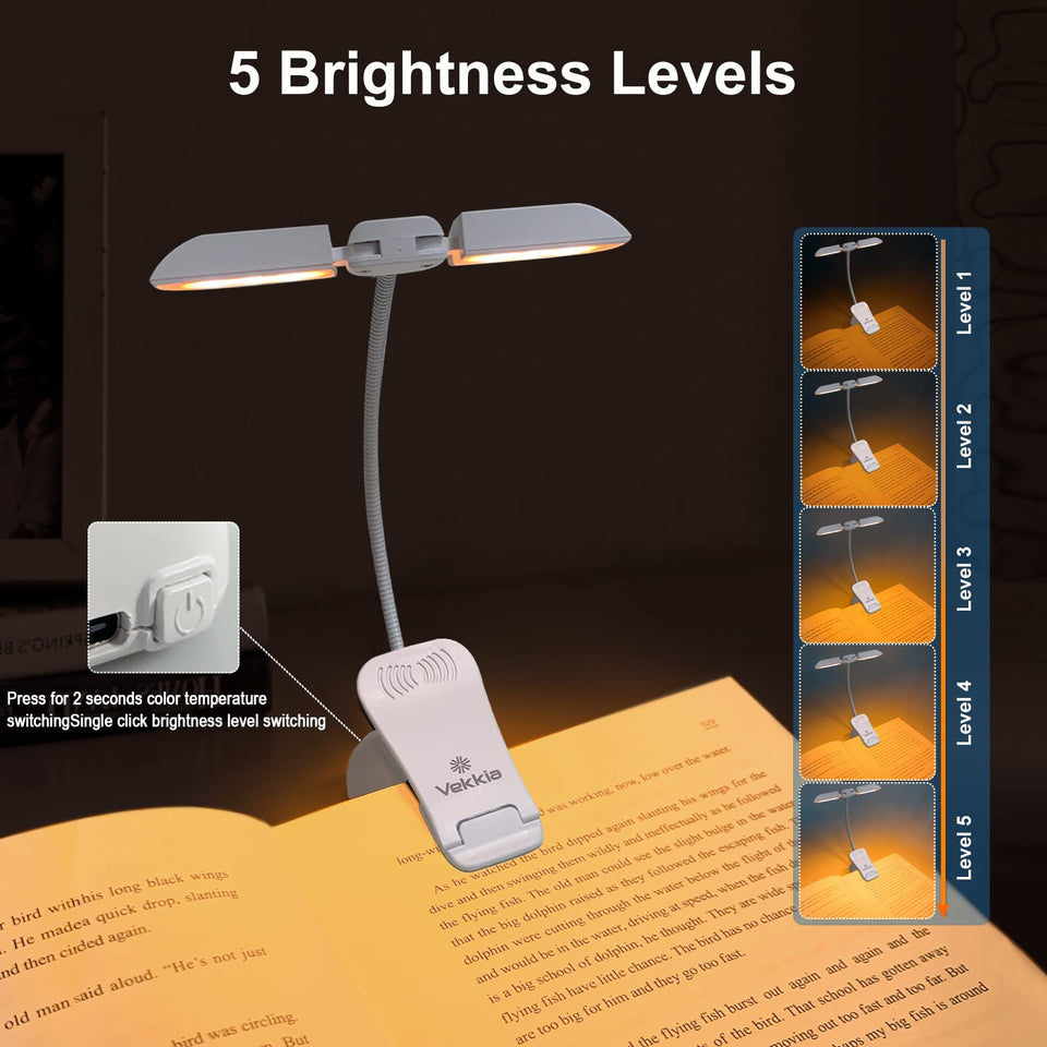 Vekkia Rechargeable 14 LED Amber Book Light for Reading in Bed, 180° Adjustable Clip on Light, Eye Care Reading Light up to 80Hrs, 5 Brightness Dimmable X 3 Color Modes, Perfect for Book Lovers