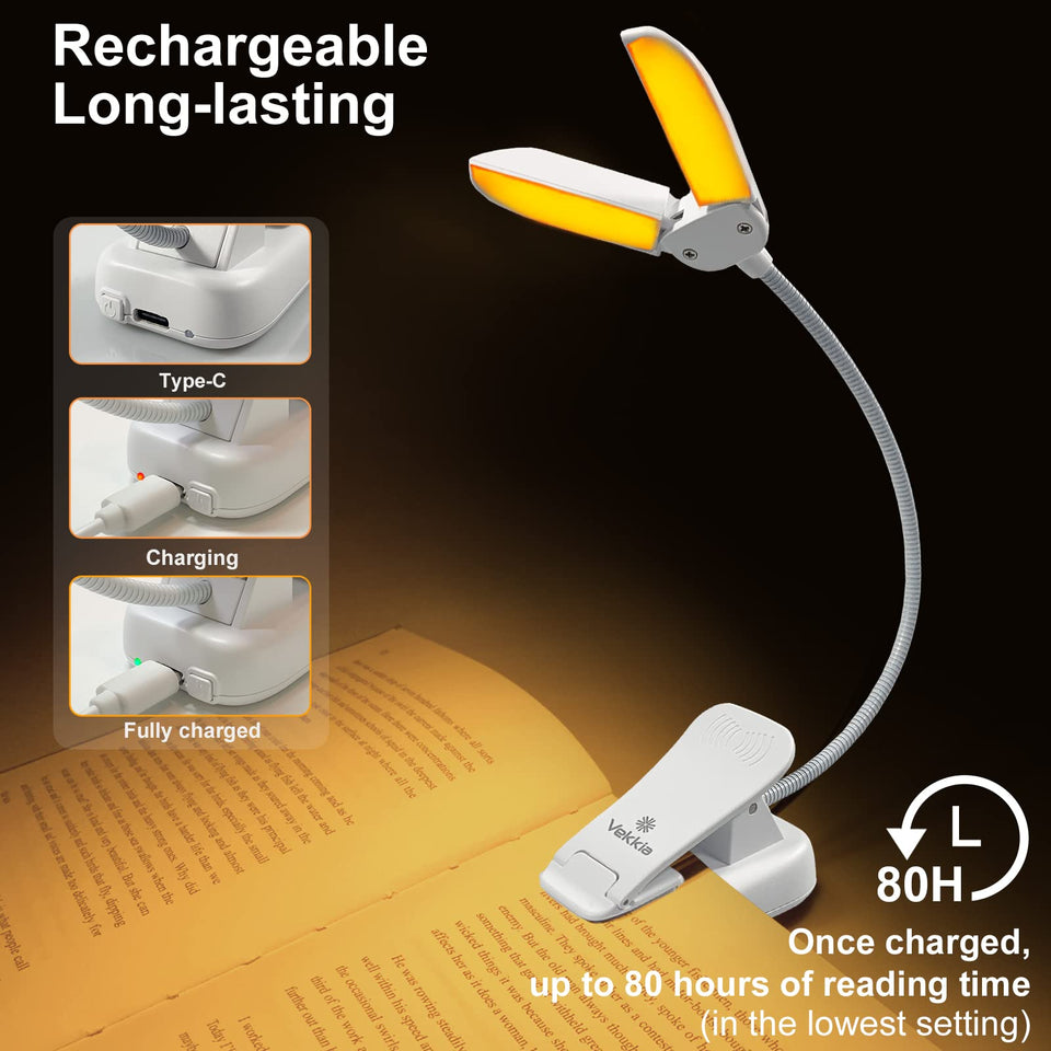 Vekkia Rechargeable 14 LED Amber Book Light for Reading in Bed, 180° Adjustable Clip on Light, Eye Care Reading Light up to 80Hrs, 5 Brightness Dimmable X 3 Color Modes, Perfect for Book Lovers