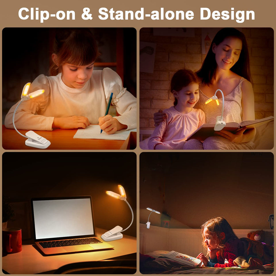 Vekkia Rechargeable 14 LED Amber Book Light for Reading in Bed, 180° Adjustable Clip on Light, Eye Care Reading Light up to 80Hrs, 5 Brightness Dimmable X 3 Color Modes, Perfect for Book Lovers